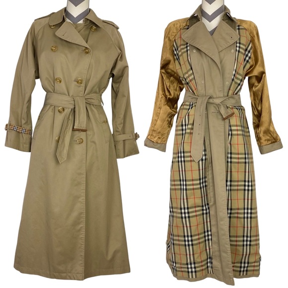Vintage Burberry Oversized Trench Jacket Womens 6 XX- Long Tan Plaid Wool Lining